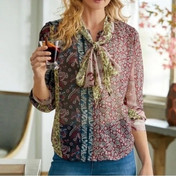 Soft Surroundings Womens Langdon Top Size XL Patchwork Paisley Tie Neck Blouse - Picture 2 of 10